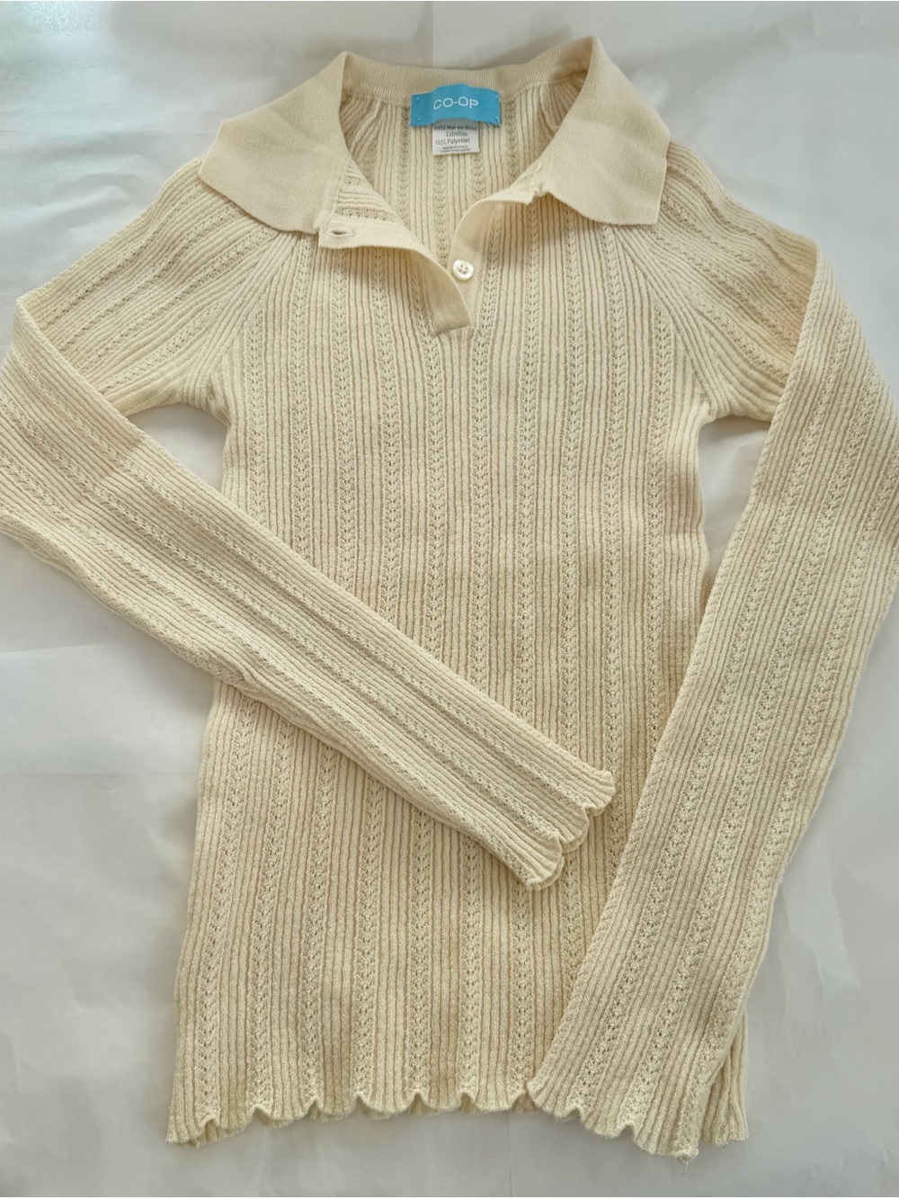 Vintage CO-OP Cream Eyelet Ribbed Shrunken L/S Polo Sweater size P